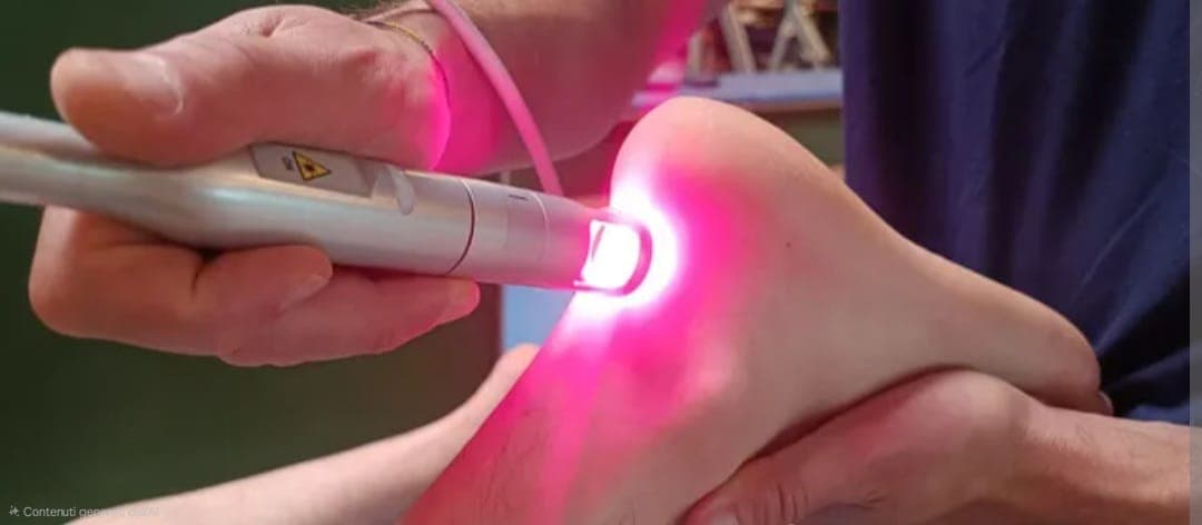 Dettaglio del manipolo laser applicato sul piede durante un trattamento