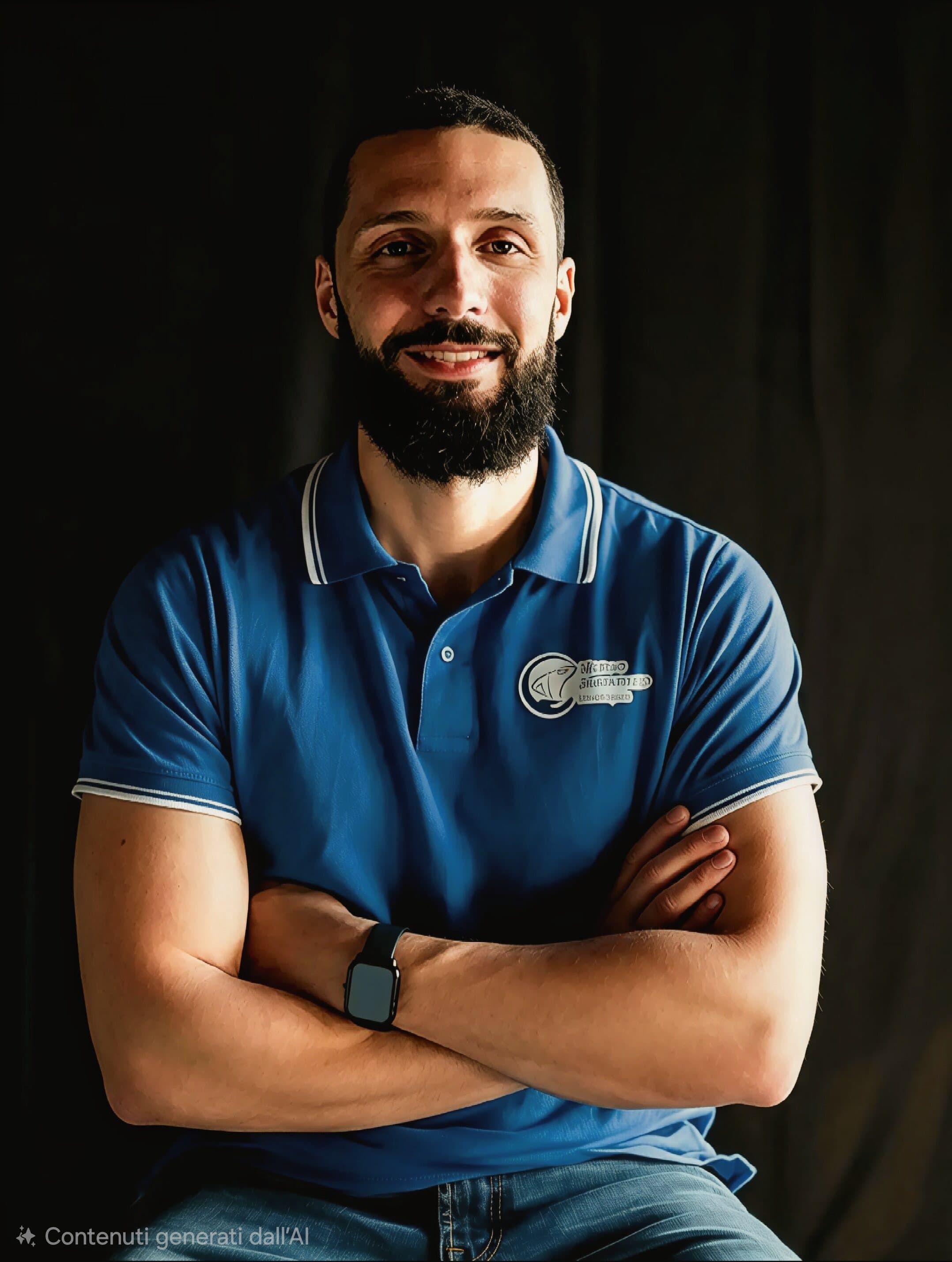 Il Dott. Matteo Montanaro con la polo blu del suo studio