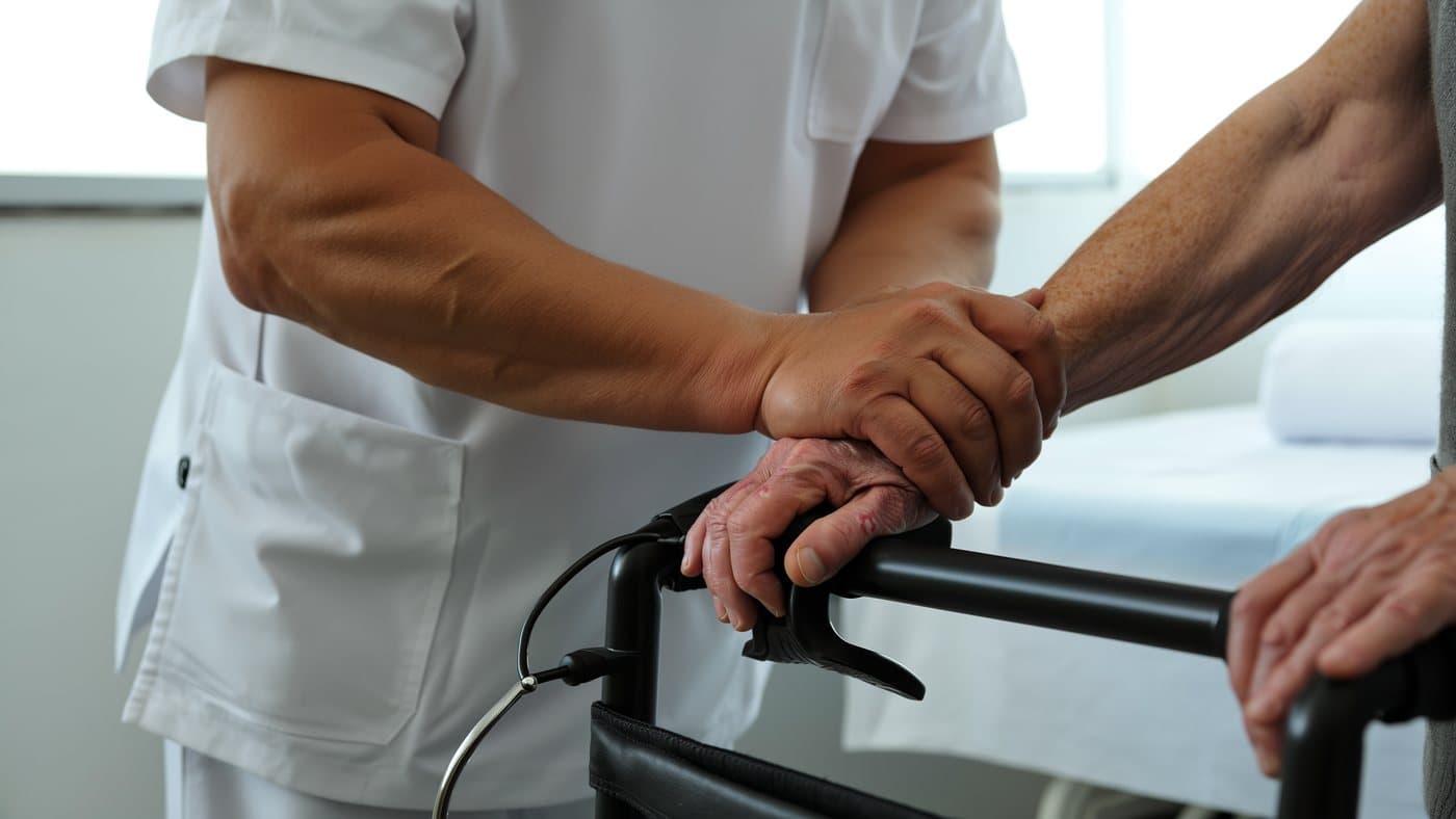 Mano del fisioterapista che accompagna una mano anziana sul deambulatore
