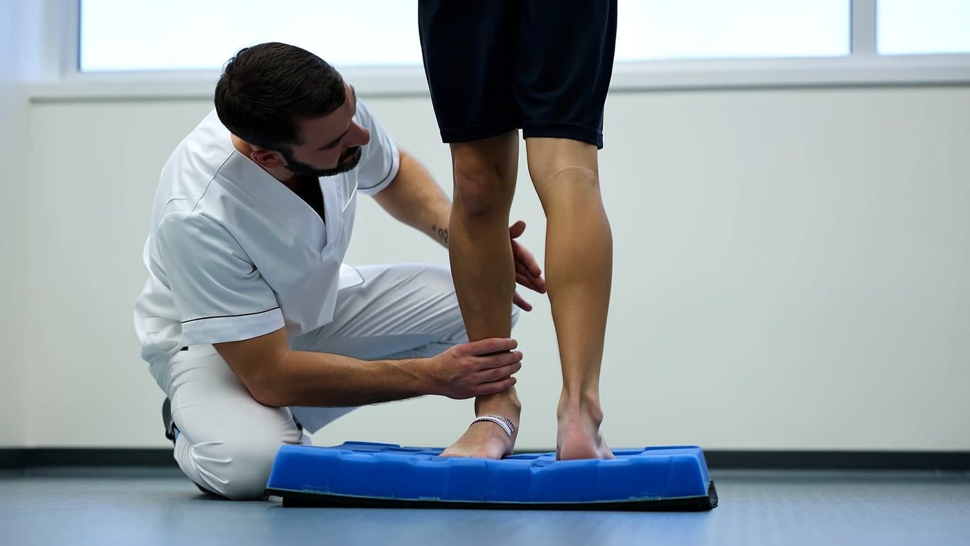 Esercizio di equilibrio su cuscino propriocettivo seguito dal fisioterapista